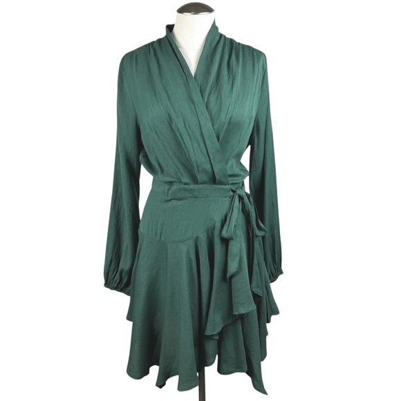 DO+BE Women's Green Wrap Dress Long Sleeve Ruffle Hem V-Neck Mini Dress Medium - Picture 1 of 10